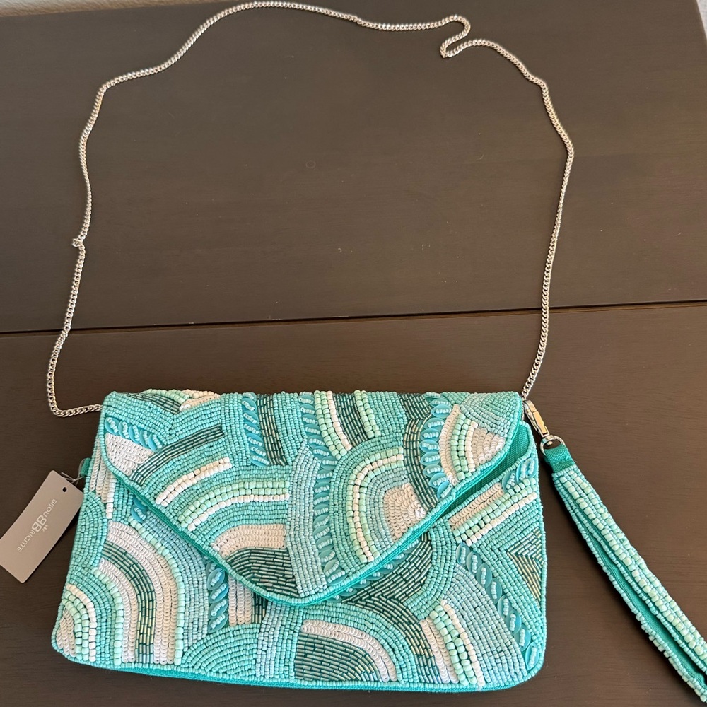 Bijou Brigitte Beaded Clutch Crossbody – Teal + Mint Art Deco Beadwork (NWT) 💎